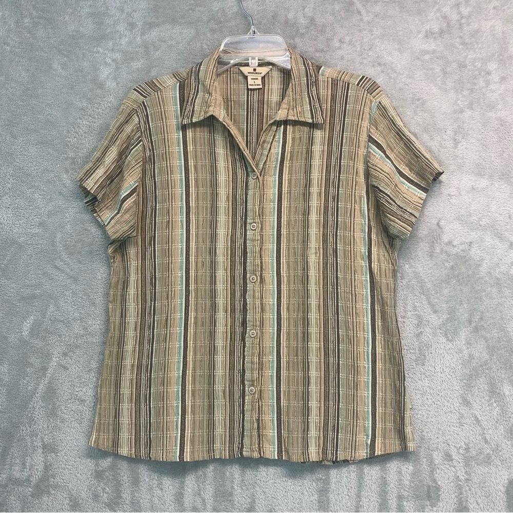Woolrich Earthy Striped Crunckle Cotton Button Down Shirt Size L